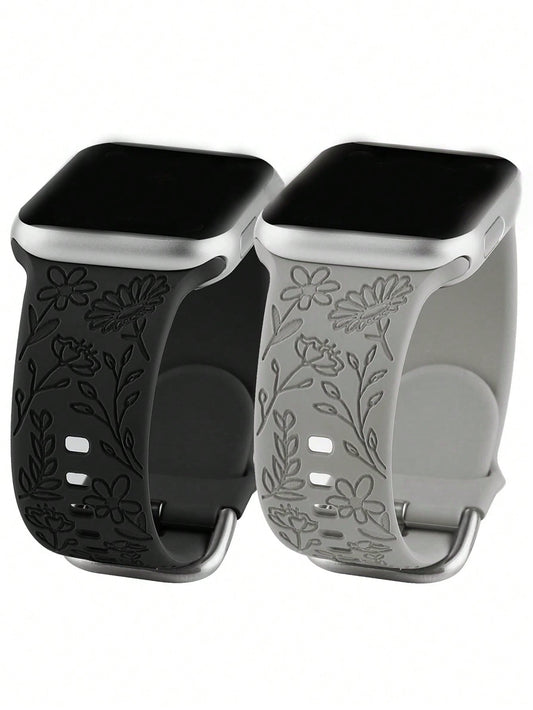Floral Embossed Silicone Watch Bands Compatible With Apple Watch 2 PC Set 🔥