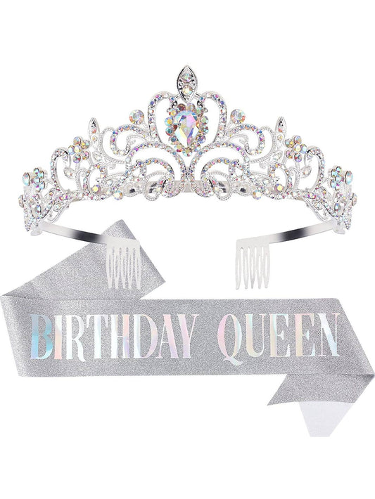 Women's Birthday Queen Bling Rhinestone Tiara Crown and Birthday Sash for Party 💜
