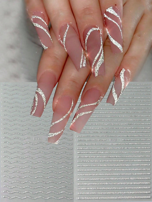 Beauty and Beyond 2 Sheets of Glitter Striped Nail Art Sticker Decals 🔥