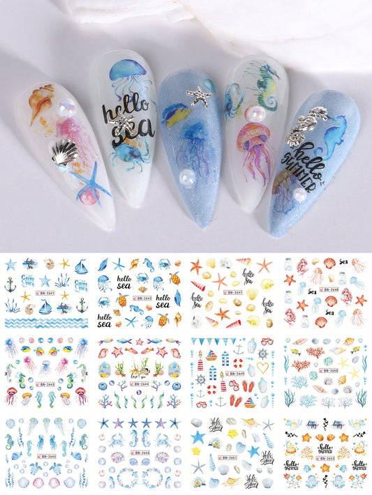 Beauty from Beyond Aquatic Nail Decal, 12 Design Starfish Sticker Nail Decor Water Activated Nail Decals 🔥