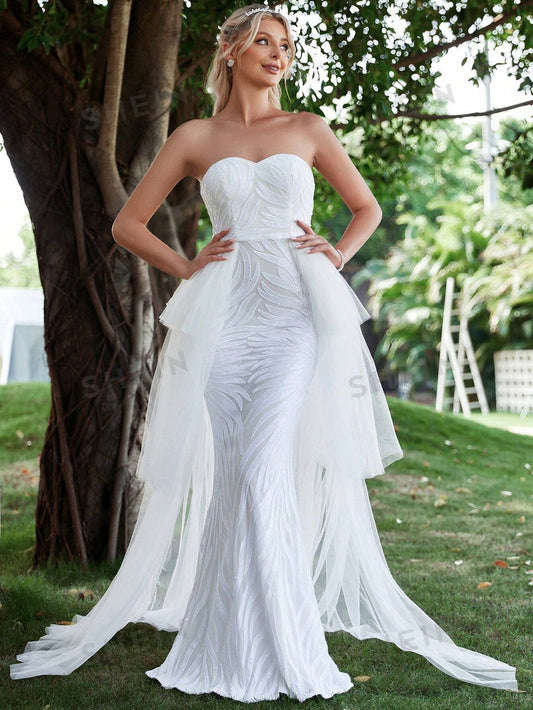 Exquisite Princess Contrast Mesh Mermaid Hem Wedding Dress with Mesh Skirt 🔥