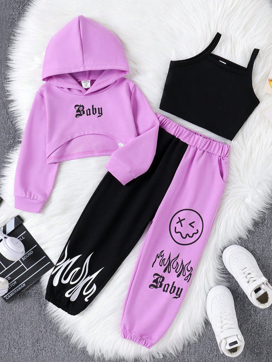 Youth Girl's Casual Street Style Printed Long Sleeve Top & Pants With Hooded Vest in Multiple Colors 3 PC Set SZ 4Y-7Y 🔥