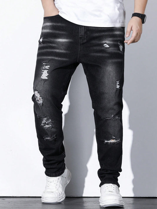 Men's RIPPEZ Plus Size Ripped Frayed Bleach Wash Black Jeans 🔥