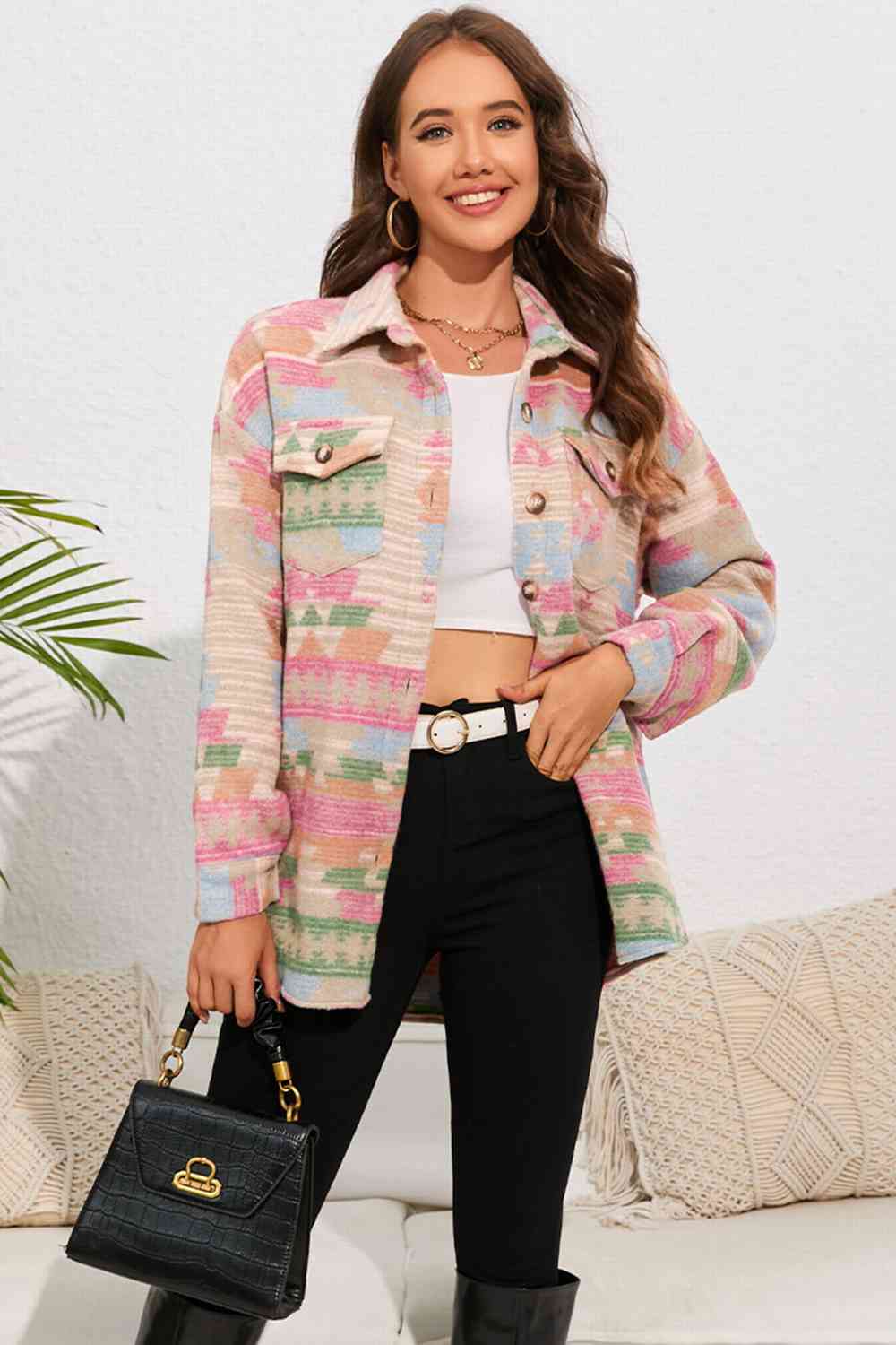 Quinn Cora Full Size Geometric Button Down Collared Jacket