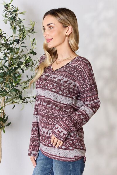 Heimish Full Size Christmas Element Wine Red Buttoned Long Sleeve Top