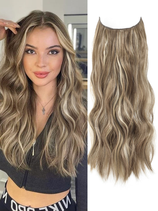 Wavy Curly Light Ash Brown with Blonde Highlights Synthetic Fiber Double Weft Soft Invisible Wire Hair Extensions 🔥