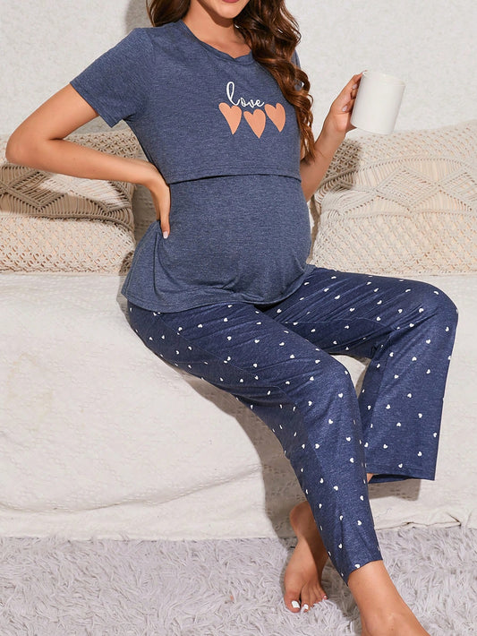Ohhh Baby Maternity Heart & Letter Graphic Nursing Detail Tee & Pants Sleepwear Set 🔥
