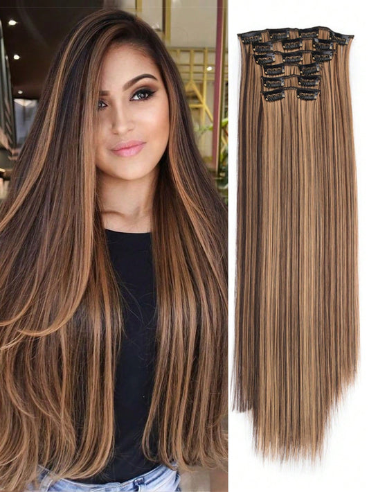Lightweight Synthetic Clip in Highlighted Hair Extensions, Thick Long Lace Weft Hairpieces 🔥