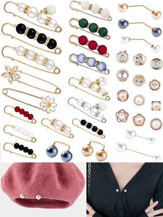 35 Pc Pearl Brooch Set, Clip Neckline Pins Double Faux Pearl Brooches for Fashion, Cover Up Buttons, Safety Pins 🔥