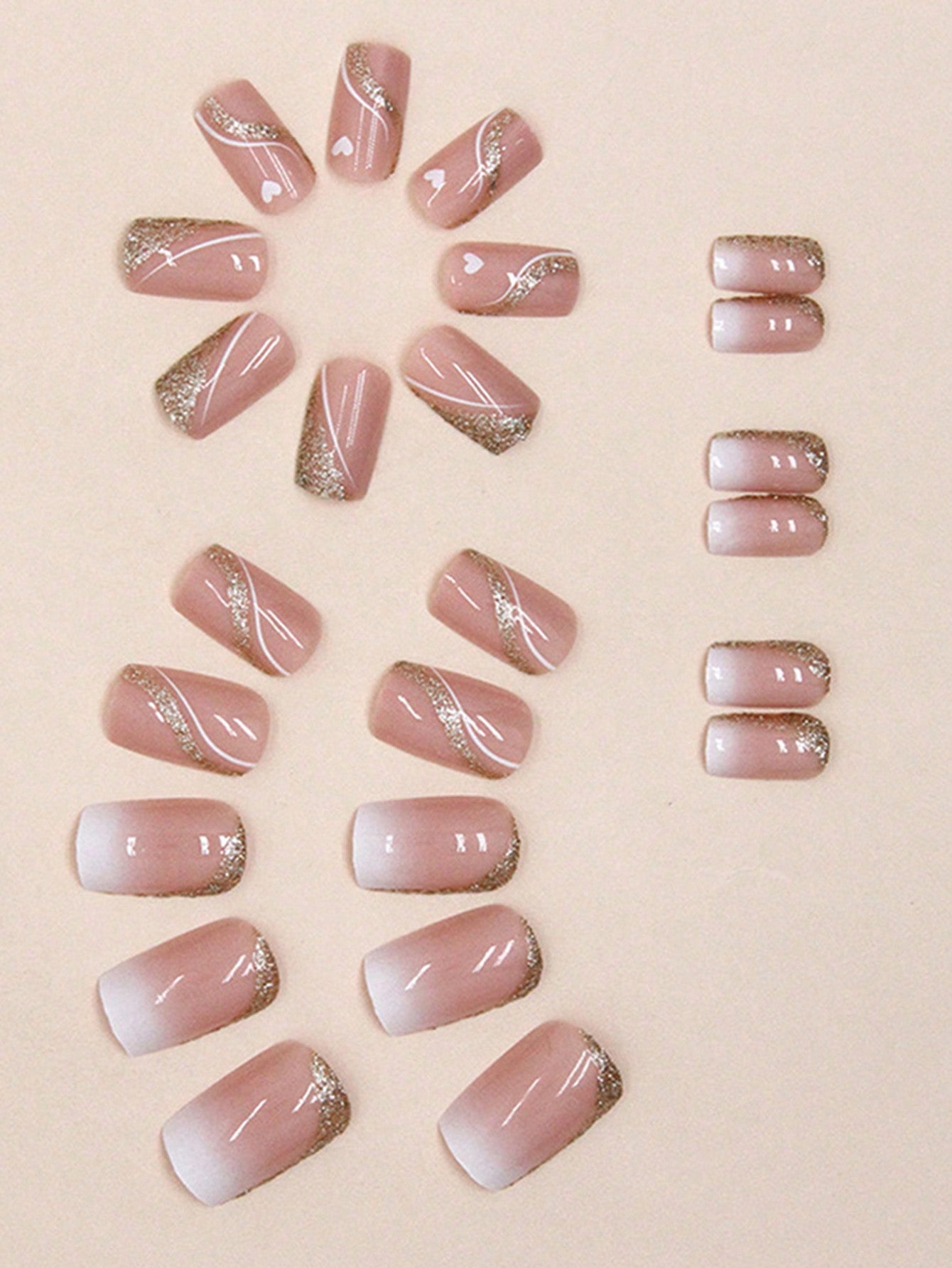 24 pc Set Medium-long Square Shaped, European American Gradient Glitter Style Nails, Love Hearts Nail Art with Stickers, 1 File and Jelly Gel 🔥