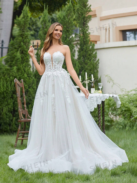 AngelBeauty Contrast Embroidery Sleeveless A-Line Mesh Tube Wedding Dress 🔥