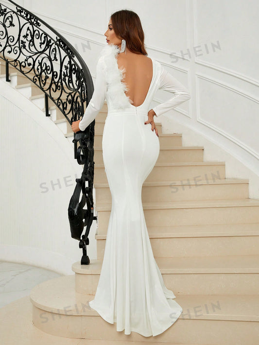Belle Mermaid Backless Slim Fit Fuzzy Trim Floor Length Wedding Dress 🔥
