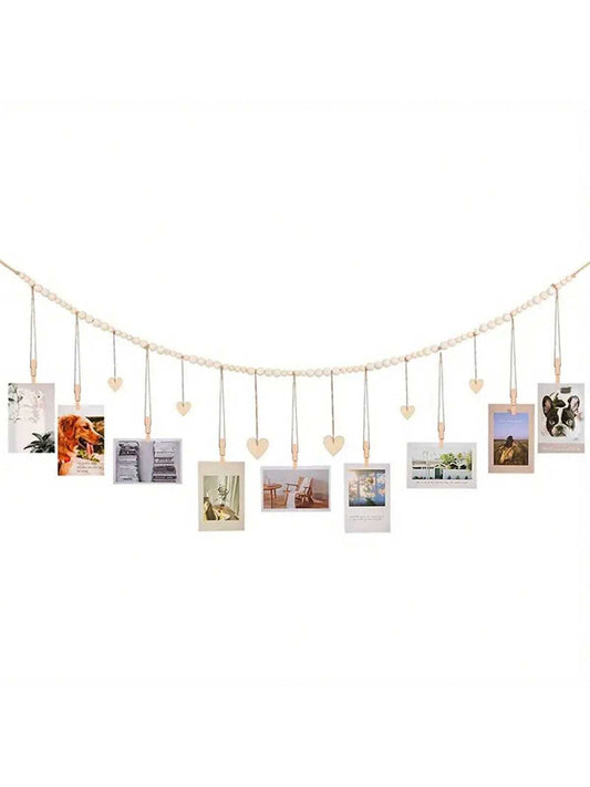 Wooden Bead Photo Display Wall Decor Garland with Photo Hanger 9 Wood Clips 6 Wood Hearts 💜