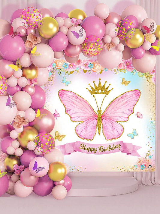 85 pc Pink Rose or Purple Golden Confetti Balloon Chain Set with Wall Backdrop for Party 🔥