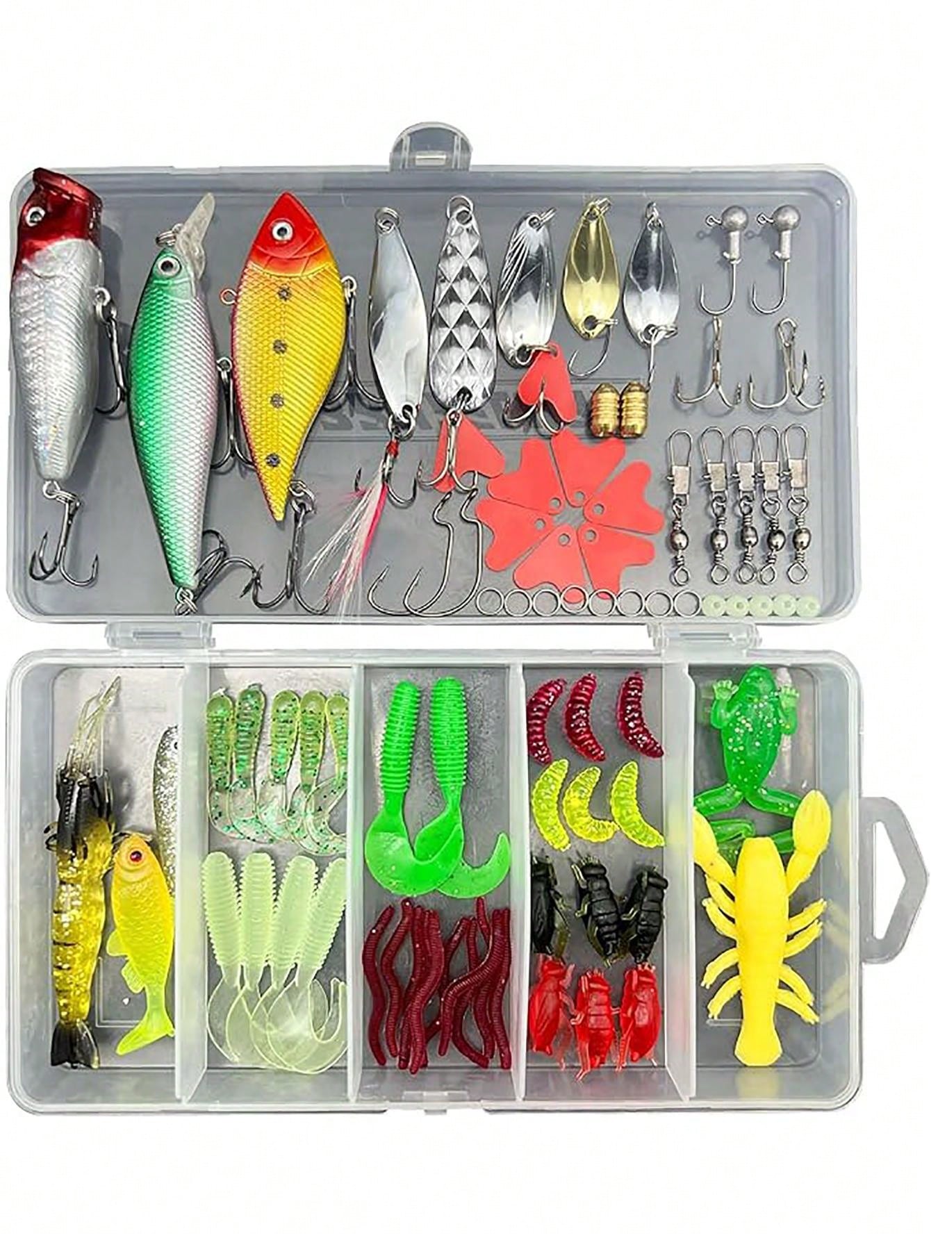 Conquer the Waters Fishing Lure 78 PC Kit for Freshwater w Soft Plastic Lures Swimbaits Hard Minnow Popper Crankbait &amp; Accessories 💜
