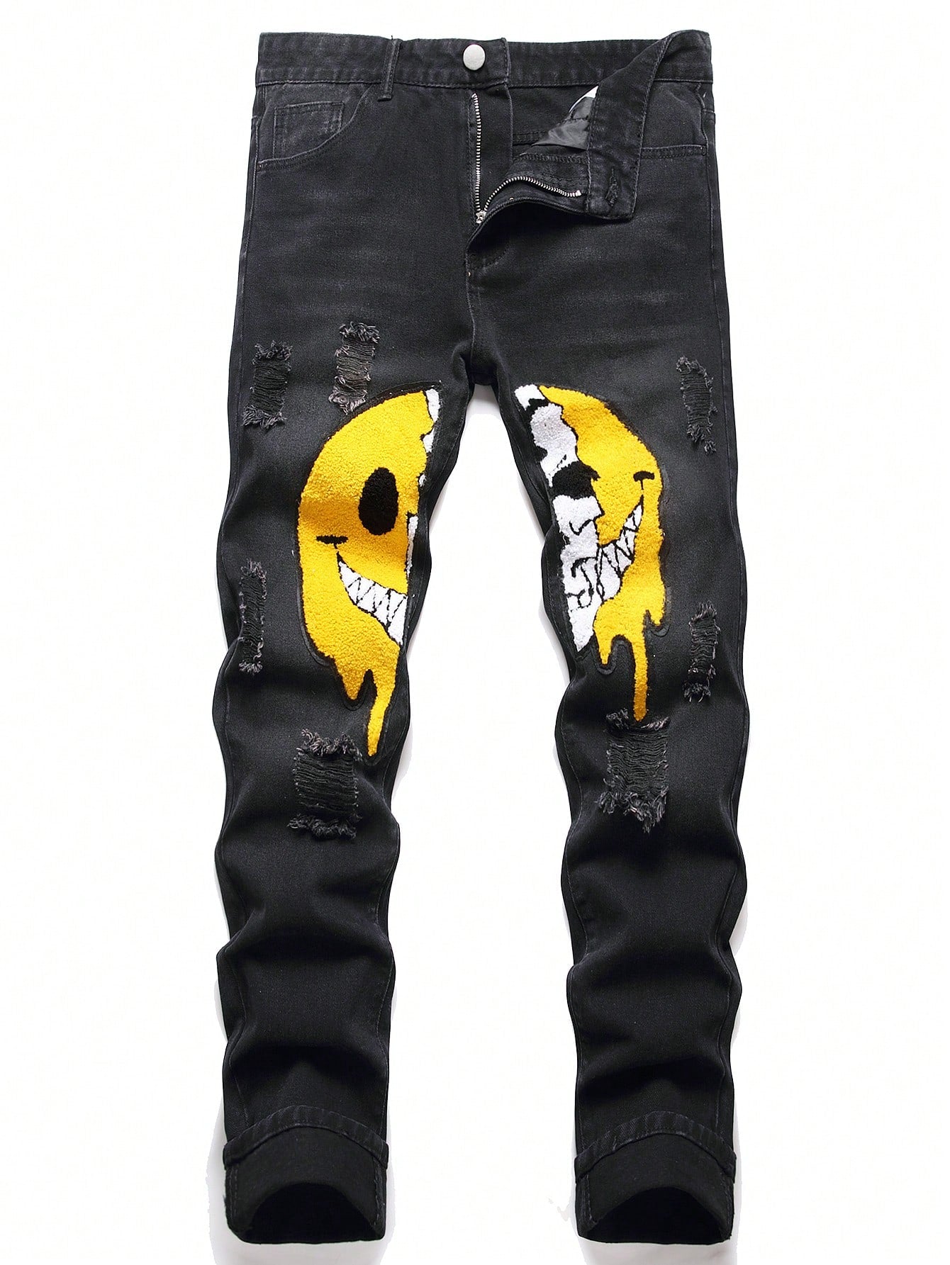 Men's Cotton Melting Smiley Cartoon Graphic Ripped Jeans 🔥