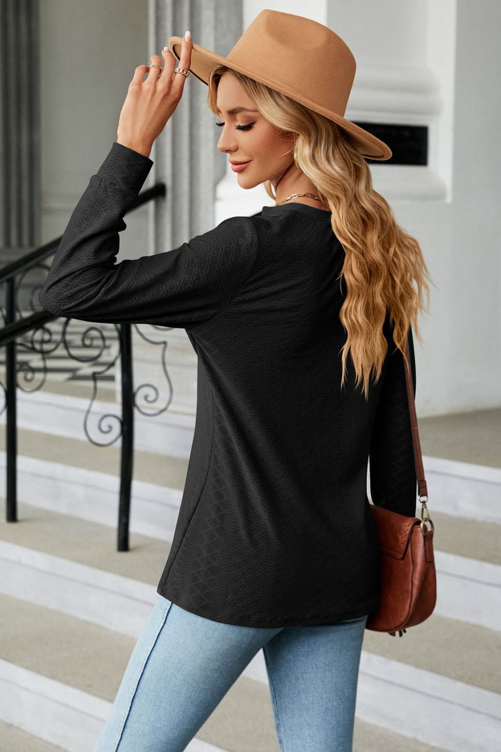 Full Size Notched Neck Long Sleeve Buttoned Blouse