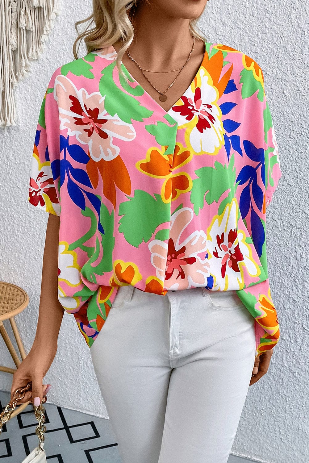 LEXXXY Floral Print V-Neck Short Raglan Sleeve Blouse