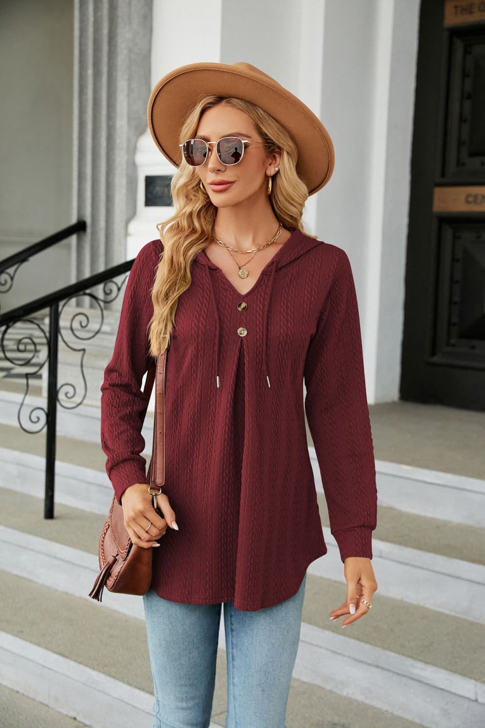 Full Size Long Sleeve Hooded Blouse