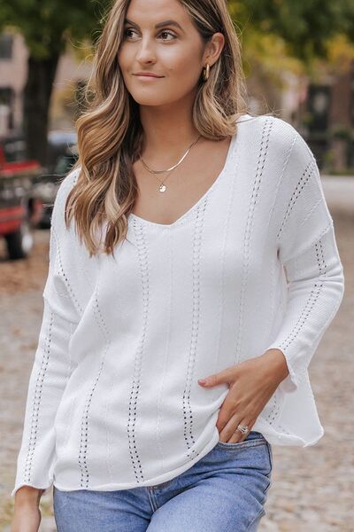 Women's Salena Openwork V-Neck Long Sleeve Knit Top