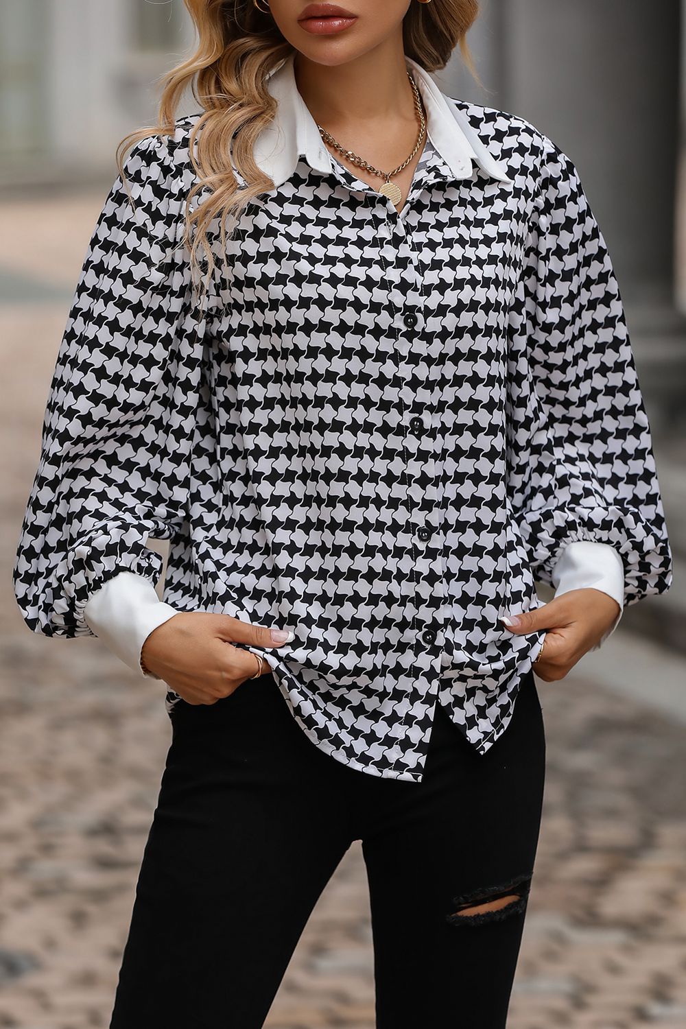 Adriana & Bae Printed Collared Neck Lantern Sleeve Shirt