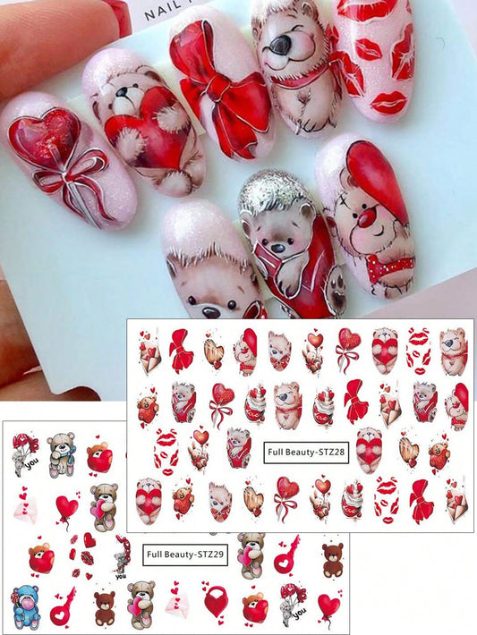 Beauty and Beyond 2 Sheets Sweetheart Nail Stickers Love Couple Bears Valentine's Day Nail Decor 🔥