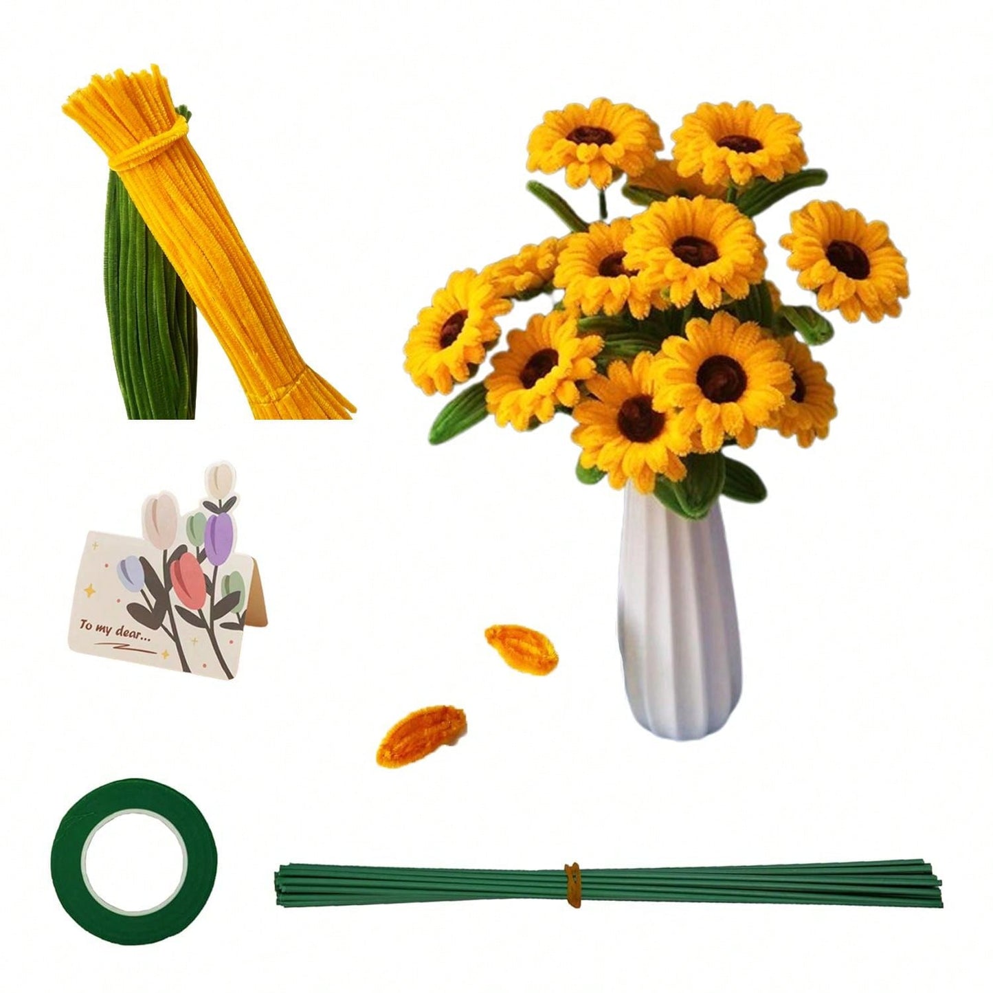 222 PC DIY Sunflower Bouquet Crafting - Golden Yellow Dark Coffee & Moss Green Pipe Cleaners Craft, w Flower Stems and Gardening Tape 💜