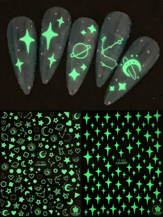 Beauty from Beyond 2 Sheets 3D Glow In Dark Planet Luminous Star Heart Nail Art Stickers 🔥