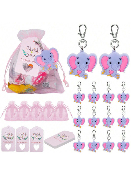 90 Pc Elephant Keychains with Organza Bags Kraft Tag for Shower Favors 💜