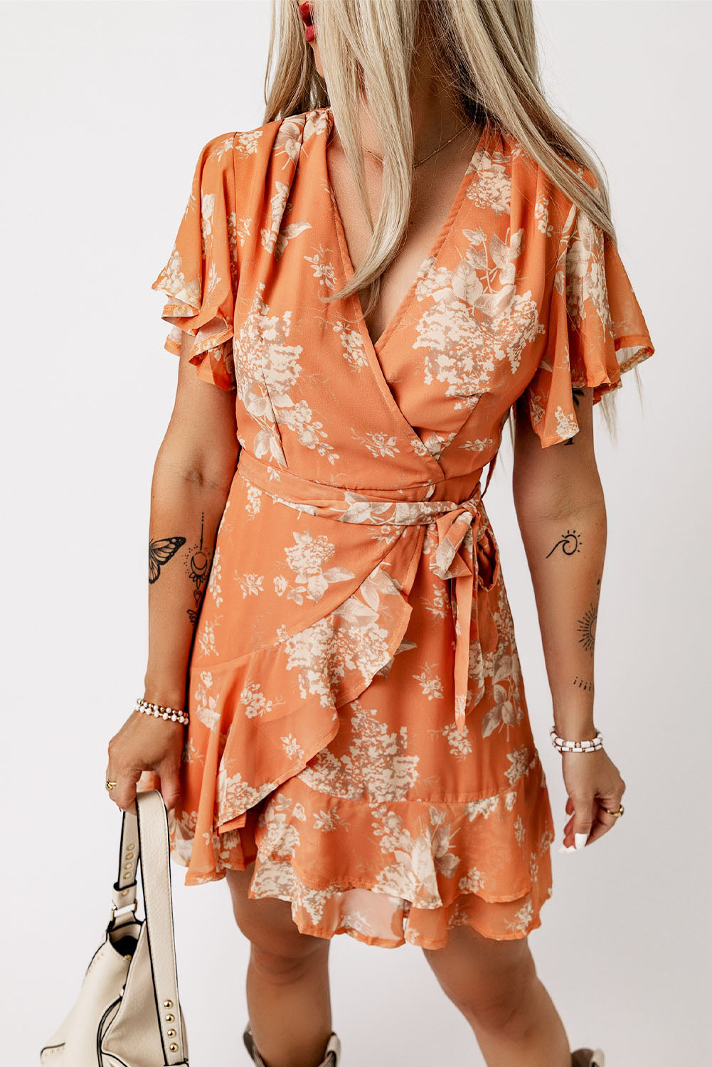 Women's Orange Floral Flutter Sleeve Tie Waist Ruffled Dress