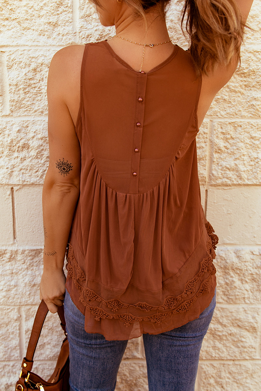 OH VACA Lace Detail Button Back Sleeveless Top