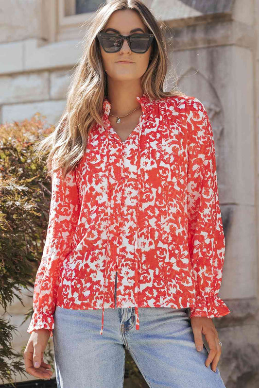 Deep Red Printed Tie Neck Flounce Sleeve Blouse