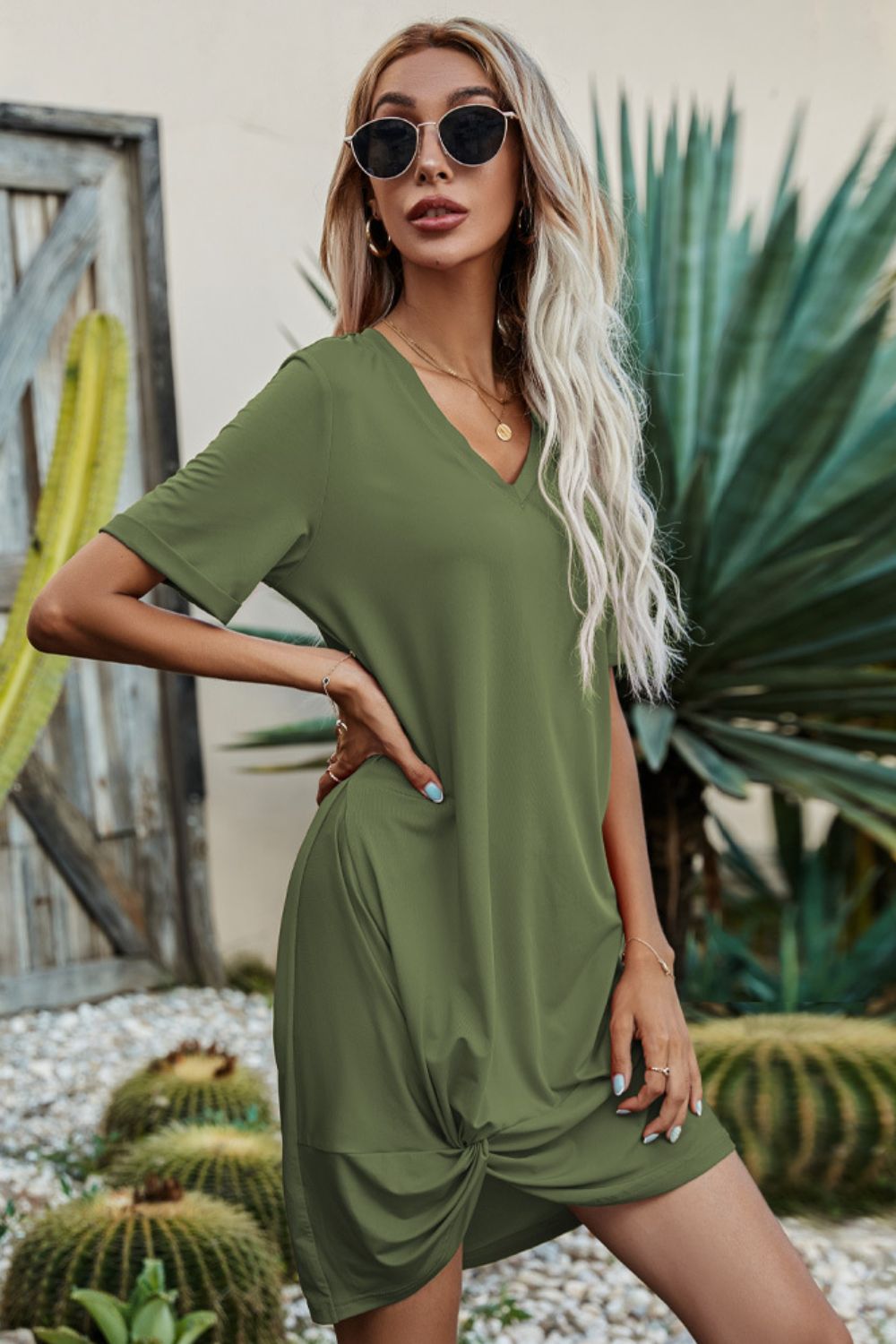 Women's Twisted V-Neck Short Sleeve Dress