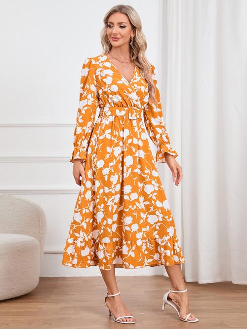 H.Y.G@E Attire Floral Surplice Flounce Sleeve Ruffle Hem Dress