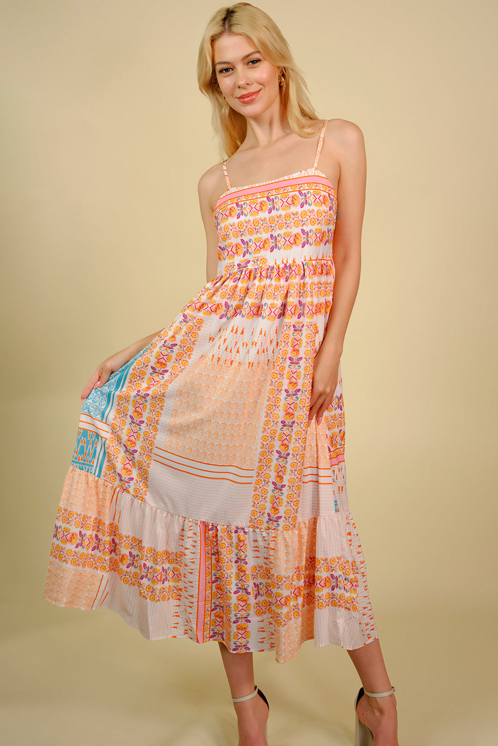 Printed Spaghetti Strap Smocked Midi Dress