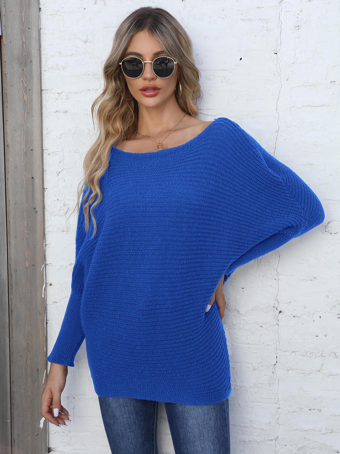 Full Size Horizontal Ribbing Dolman Sleeve Sweater