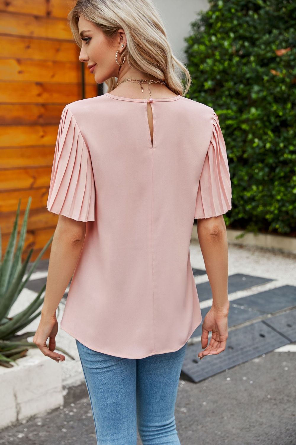 Women's Full Size Pleated Flutter Sleeve Round Neck Blouse