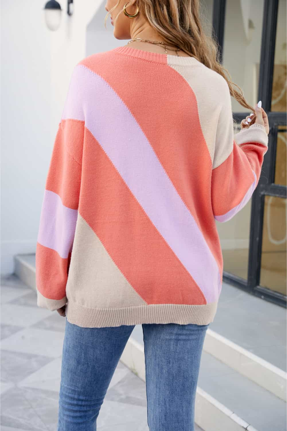 Hannah&Mea Color Block Ribbed Round Neck Sweater