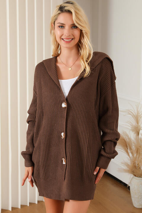 Chestnut Brown V-Neck Button Down Dropped Shoulder Cardigan