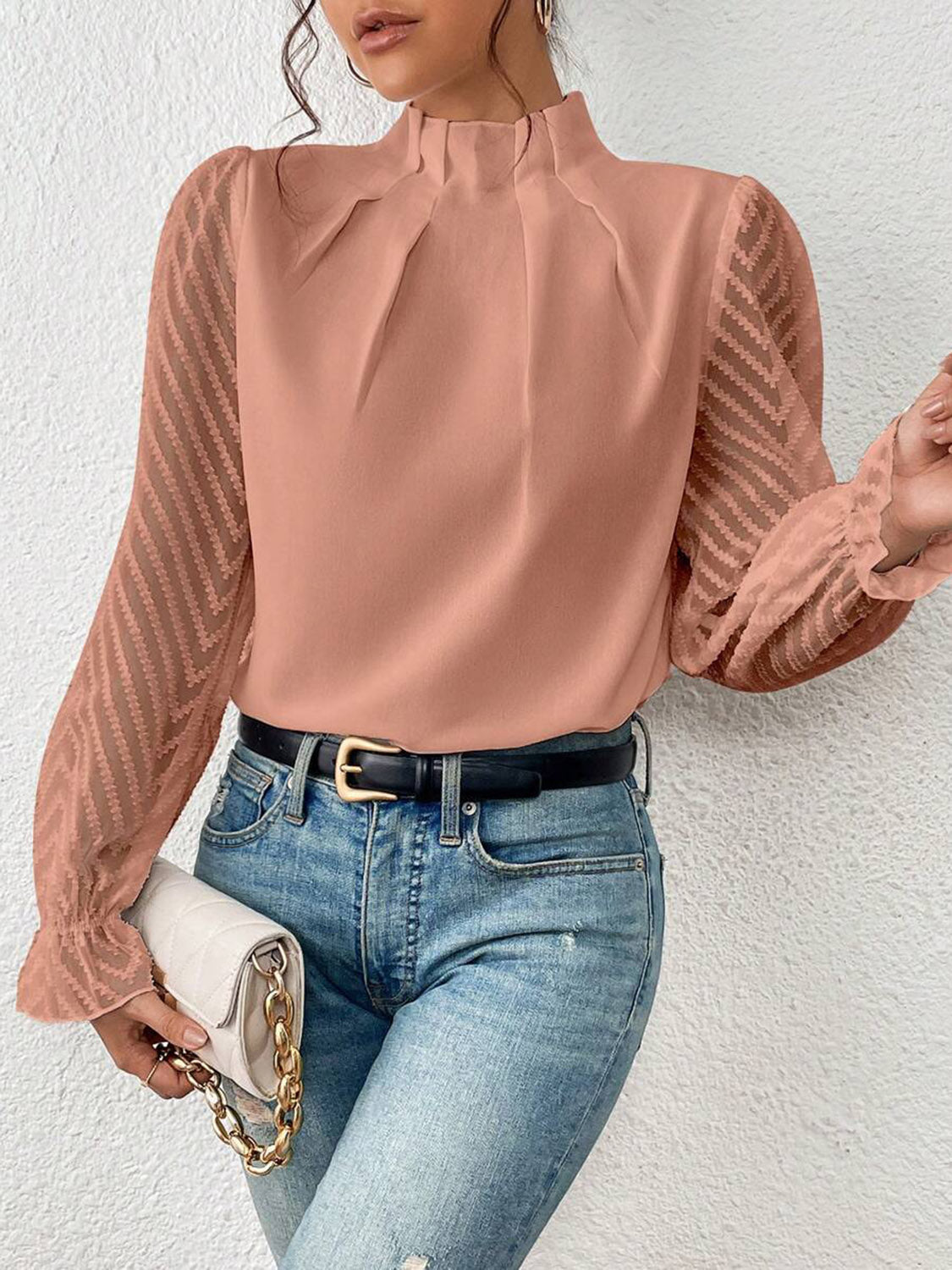 Full Size Mock Neck Flounce Sleeve Blouse