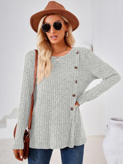 Hannah Mea Ribbed Buttoned Round Neck Slit T-Shirt