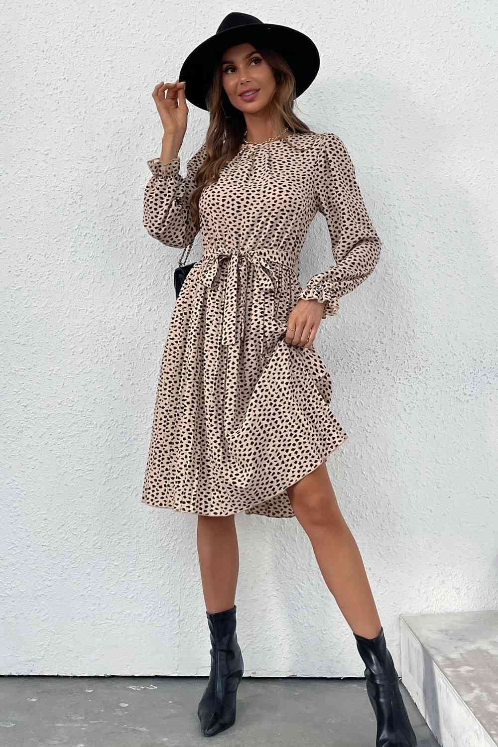 Beige Printed Round Neck Belted Pleated Dress