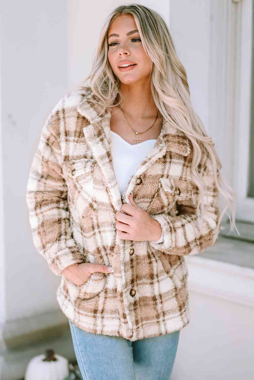 Eliana Tan Plaid Collared Neck Jacket