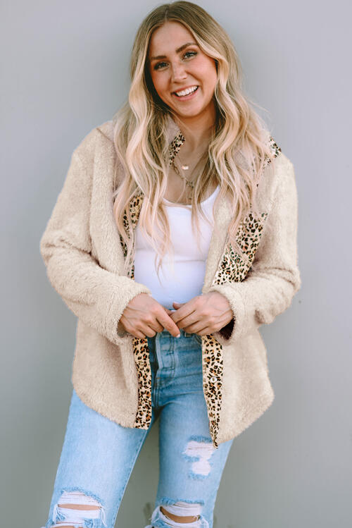 SoComfy Beige Leopard Snap Down Pocketed Collared Neck Jacket