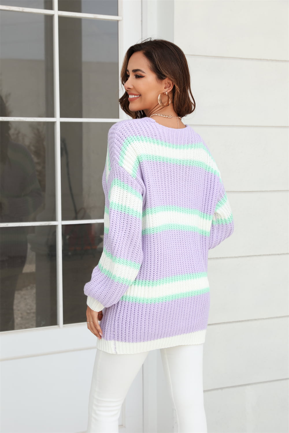 Sophia & Grace Color Block Ribbed Dropped Shoulder Open Front Cardigan