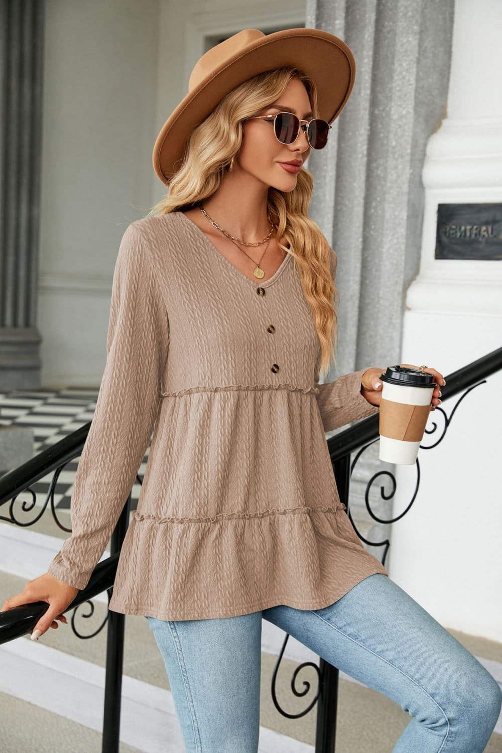 Full Size Long Sleeve V-Neck Cable-Knit Blouse