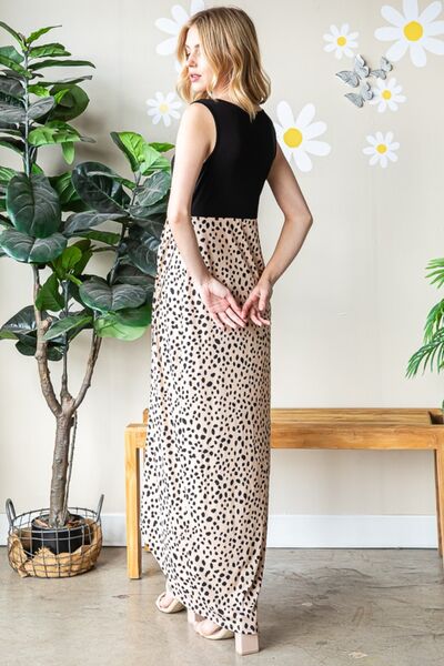 Heimish Full Size Slit Animal Print V-Neck Wide Strap Khaki Black Dress