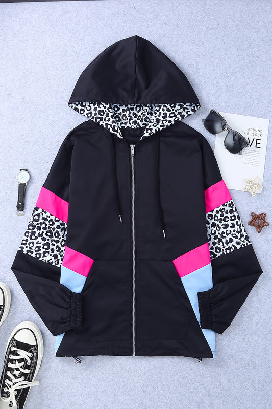 Full Size Leopard Color Block Zip-Up Hooded Jacket