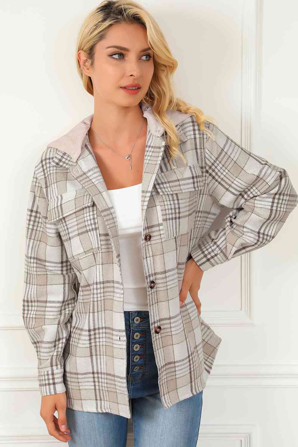 Sand Brown Plaid Button Down Hooded Jacket