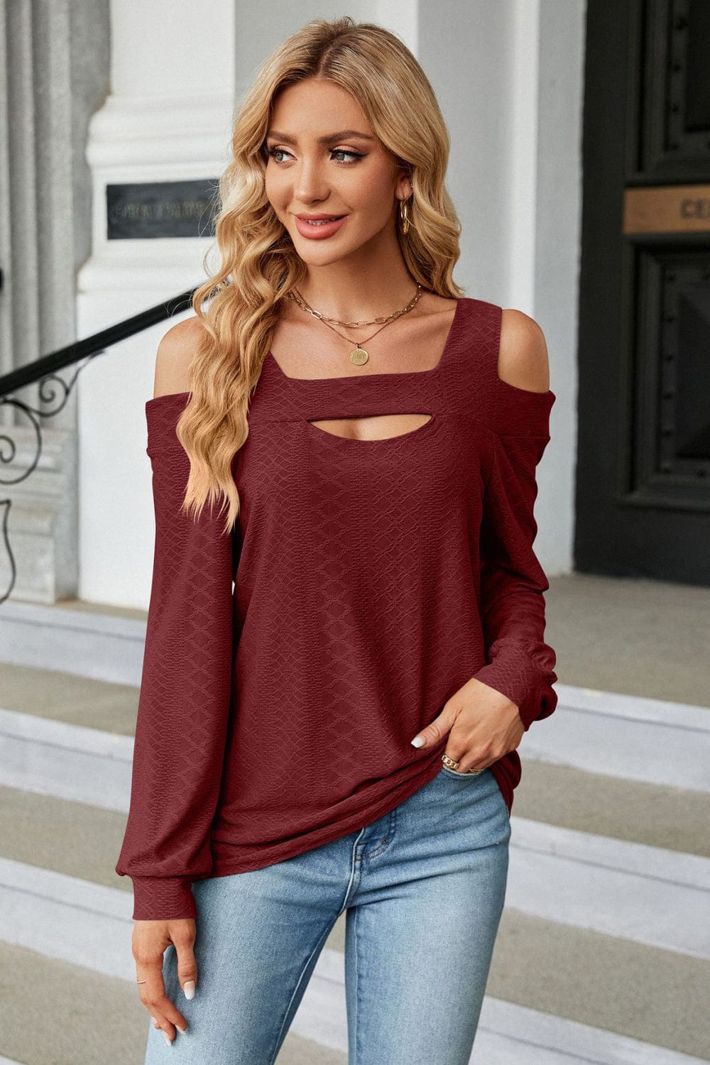 Cold Shoulder Square Neck Cutout Blouse